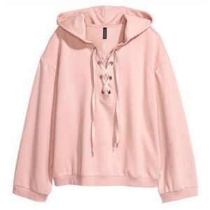 H&M Divided Soft Pink Lace-Up Crop Hooded Sweatshirt Size XS
